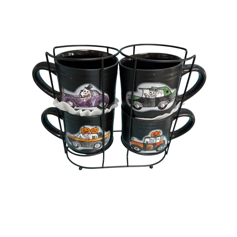 Cobwebs And Cauldrons Ceramic Halloween Set of 4 Mugs Pumpkins Skeletons In Cars - Picture 2 of 14